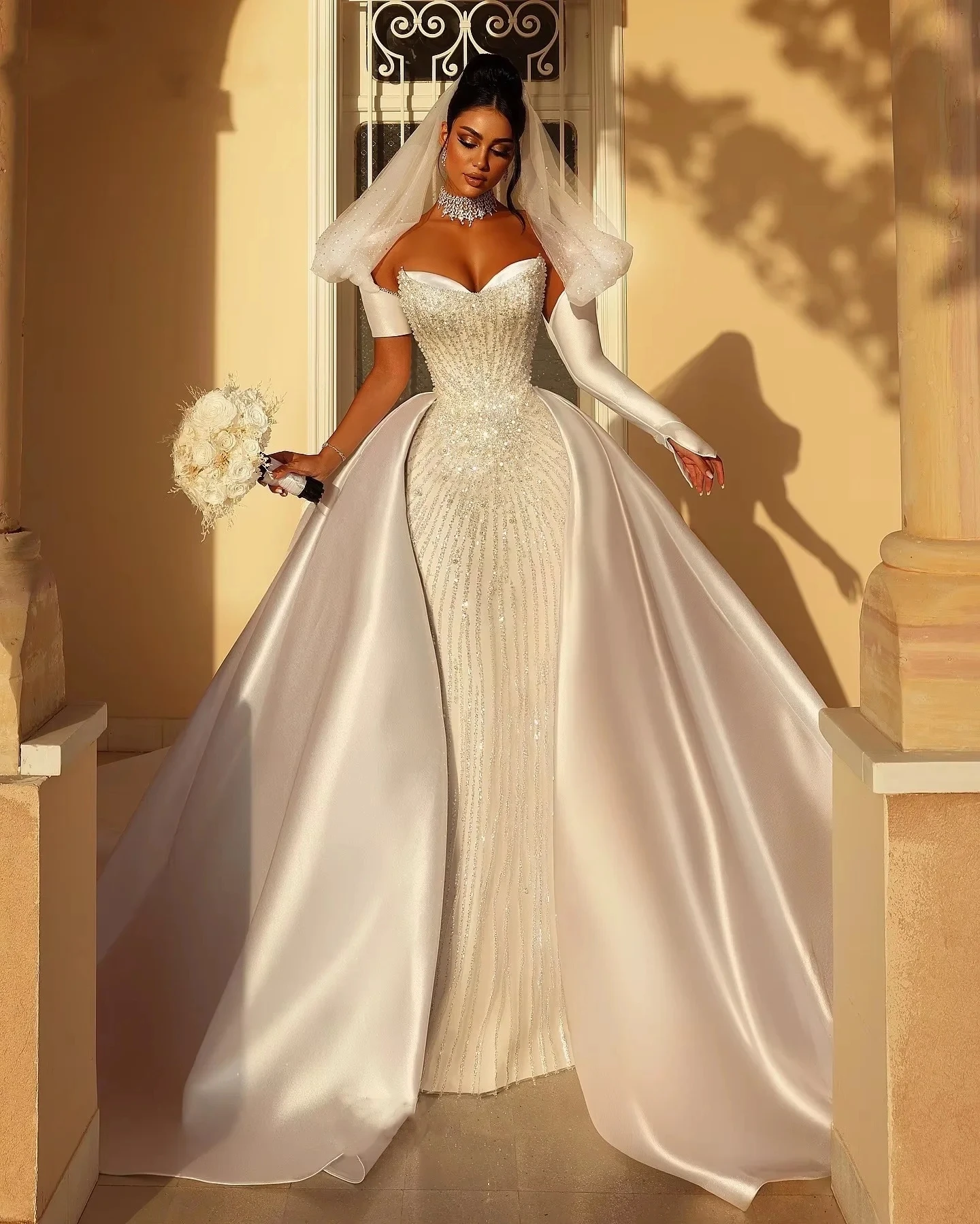 Luxury Cream Satin Wedding Dress Off Shoulder  With Detachable Train Beaded Wedding Party Dress Engagement Prom Dress Customized