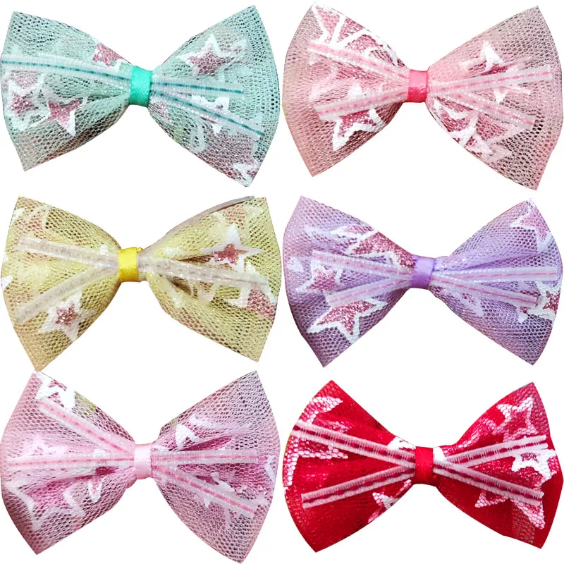 200PCS/LOT Pincer Barrette Fabric Art Bow Tie Hairpins Star Mesh Yarn Hair Clip For Girls Pin Tiaras Baby Hair Accessories