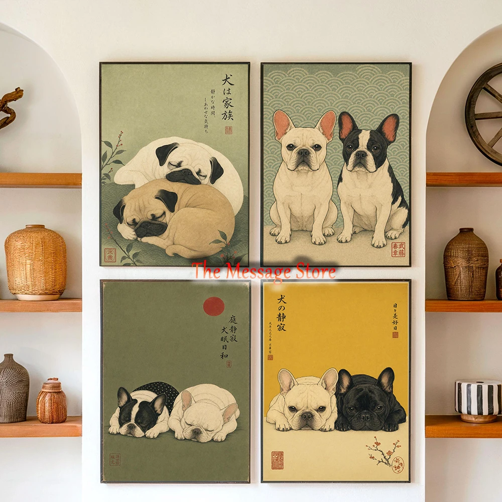 Japanese Woodblock Style Animal Dogs Illustration Shiba Pug Golden Retriever Greyhound Poster Canvas Painting Wall Picture Decor