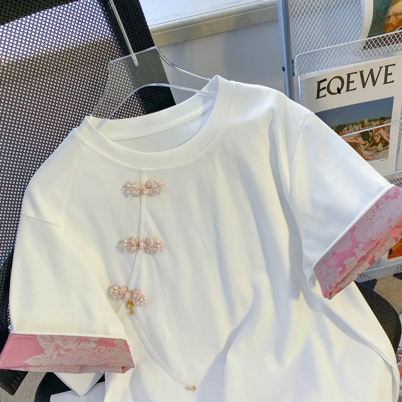 New Vintage Style Disc Buckle Round Neck White Short-sleeved T-shirt Women 2024 Summer New Looser Thin Y2k Top