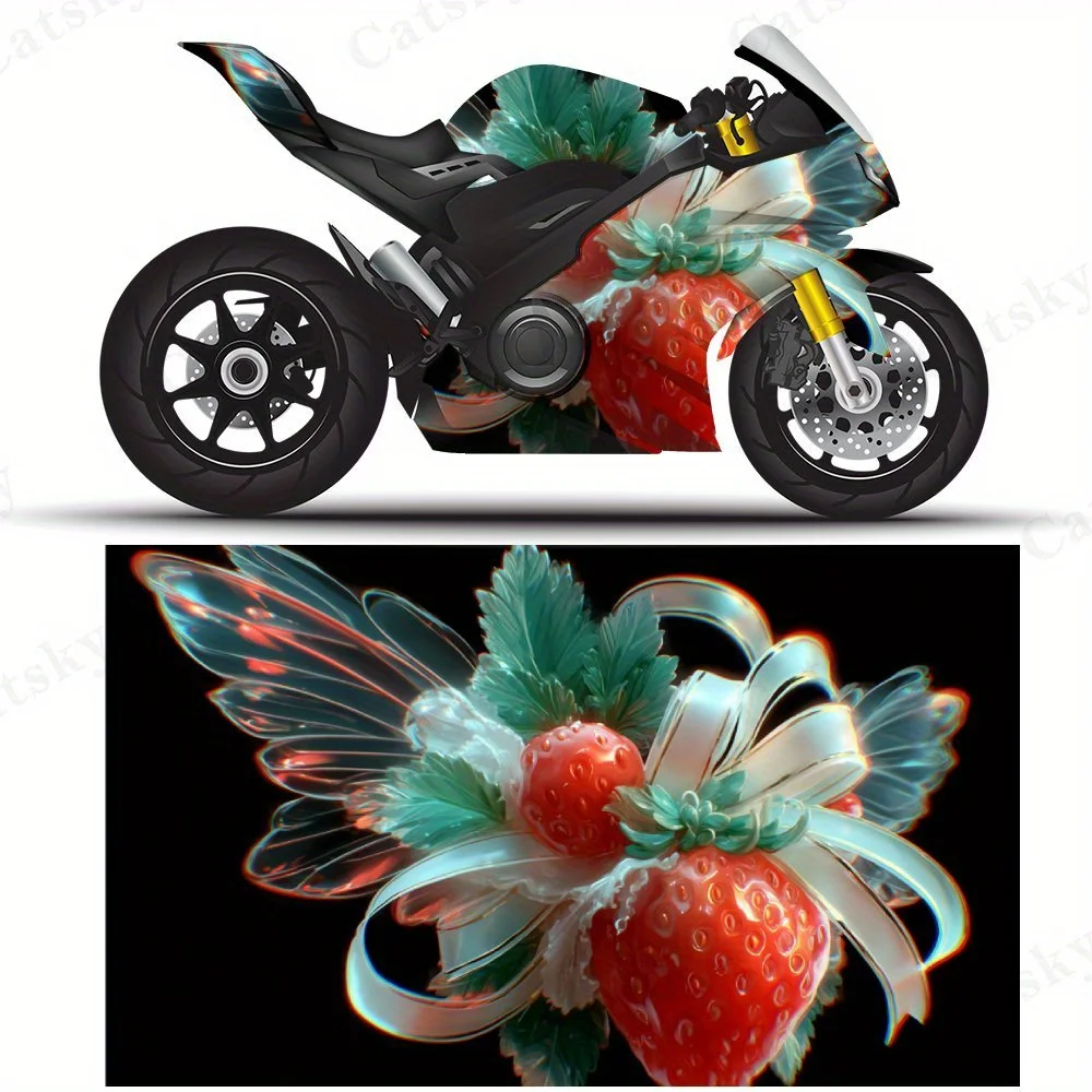 Dreamy Strawberry with Wings and Ribbon Motorcycle Film Stickers, Durable PVC Adhesive Decals for Motorcycle Customization, Weat