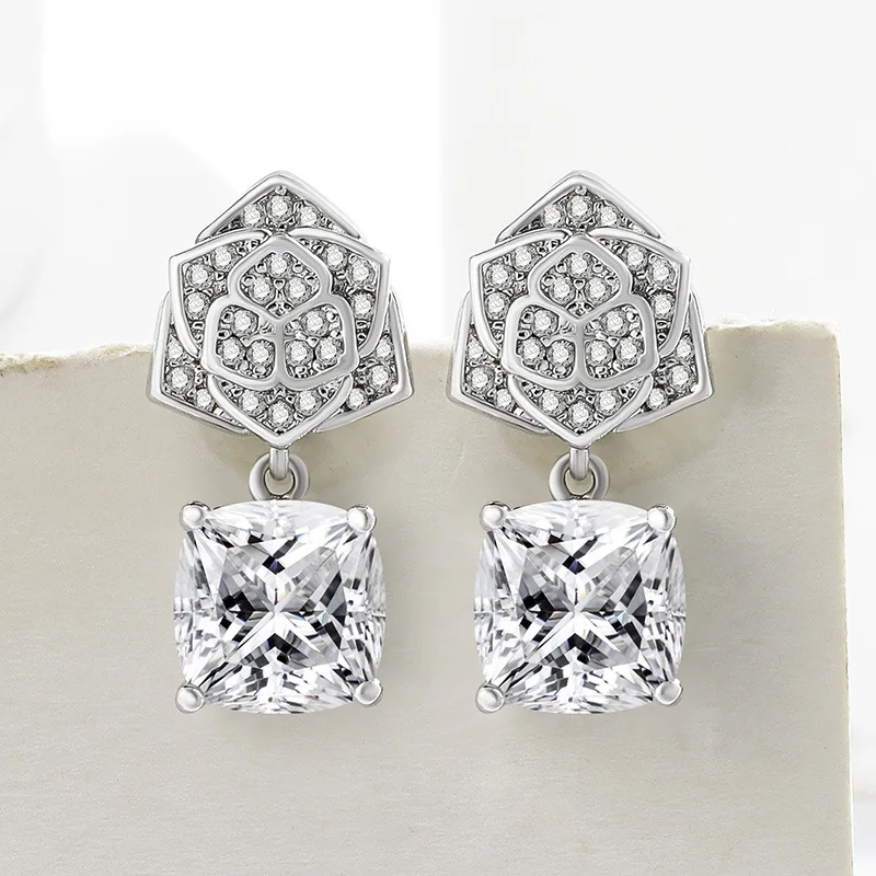 925 Sterling Silver Sparkling CZ Drop Earrings, Elegant Rose Flower Pave Earrings, Women's Fine Jewelry Gift