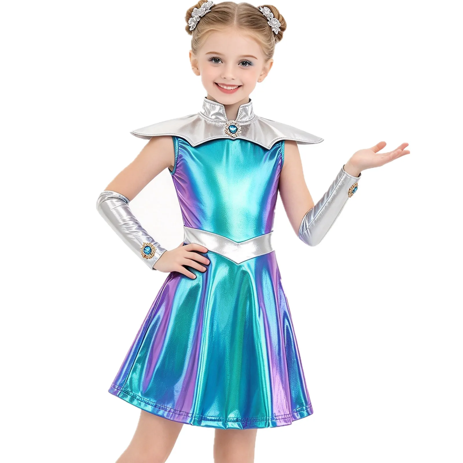 Kids Girls Halloween Theme Party Outer Space Cutie Alien Robot Cosplay Costume Sleeveless Metallic Shiny Dress with Cape Gloves