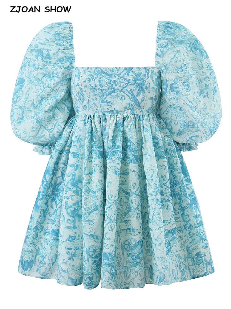 

Princess Blue Flower Cotton Ball Gown Dress Square Collar Puff Sleeve Retro Women Swing Mini Robe Fairy Cake Vestidos