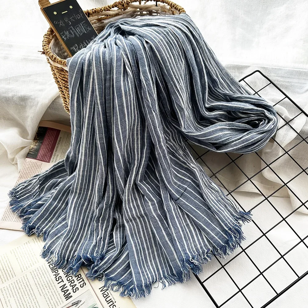 New 190*80cm Artistic Style Striped Cotton Linen Scarf Shawl Men\'s and Women\'s Same Style Mori Foulard En Mousseline Scarves