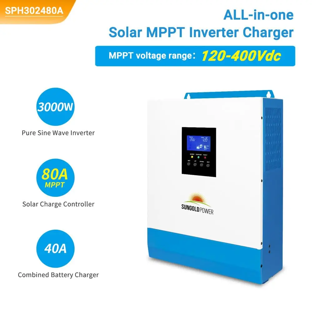 3000W DC 24V Pure Sine Wave Inverter with 80A MPPT Solar Charger (MPPT Voltage Range 120V-400Vdc), 40A AC Battery Charger, Solar