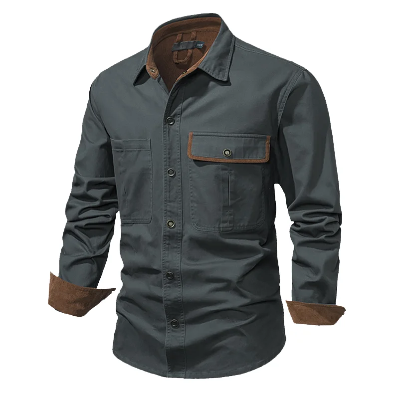 US Size Men's Outdoor Casual Tooling Pure Cotton Shirt Business Hiking Tourism Fishing Hunting Cargo Button Long Sleeve Shirt