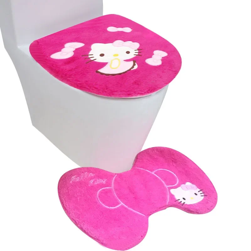 New Hello Kitty Cartoon Cute Toilet Three-piece Set Creative Kawaii Plush Toilet Mat Foot Mat Personalized Tissue Box Wholesale