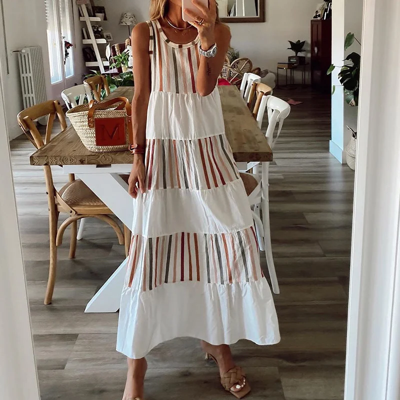 

Summer Women's Sleeveless Casual Women's Long Dress O-neck Stripe Print Loose A-line Skirt Elegant Long Dress Vestido De Mujer