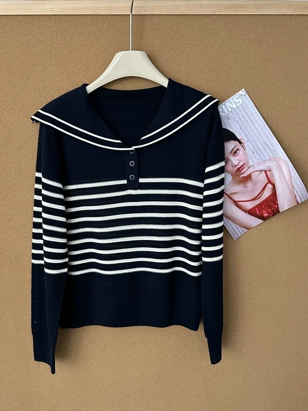 

Весна 2026: Свободный крой, полосатый трикотажный джемпер с темно-синим воротником, длинный рукав, женский топ, удобный, дышащий, повседневный стиль, для города