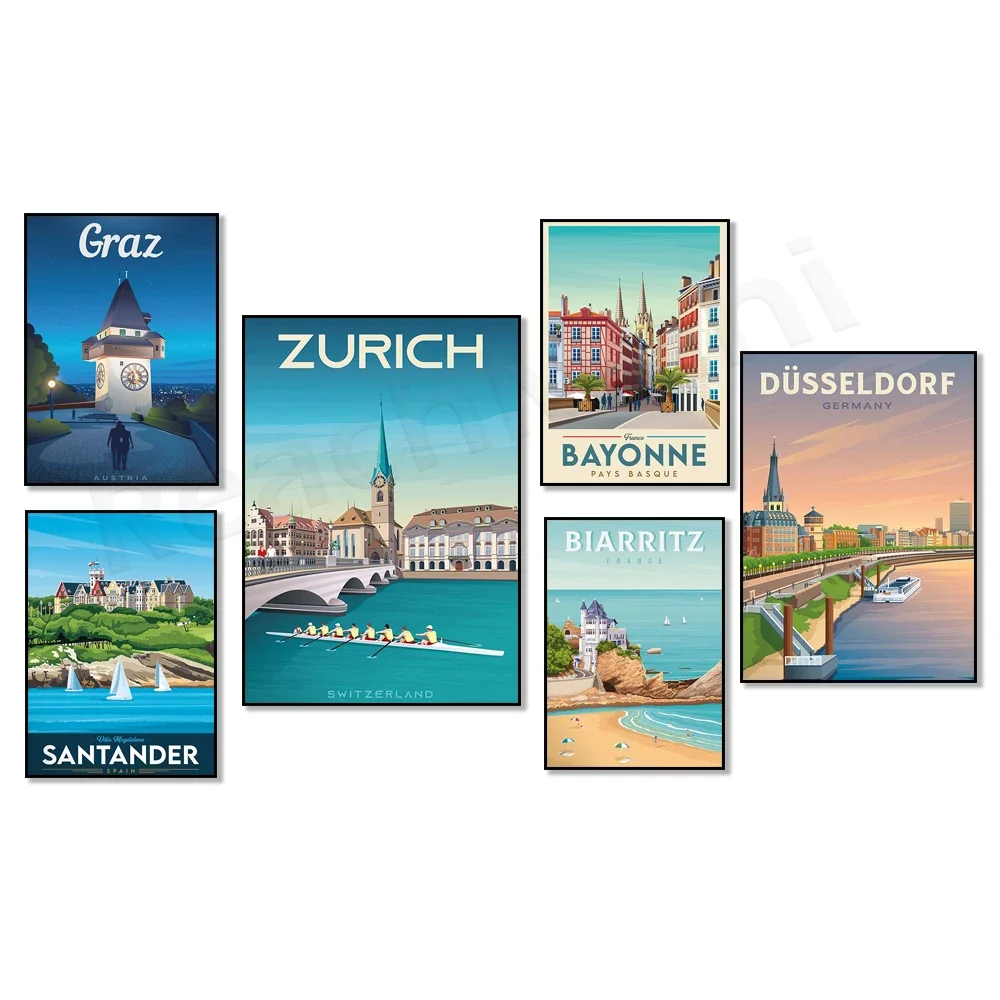 Travel poster for Graz Austria, Germany, Moscow, Budapest, Croatia, Biarritz France, Iceland, Santander Cantabria, Slovenia