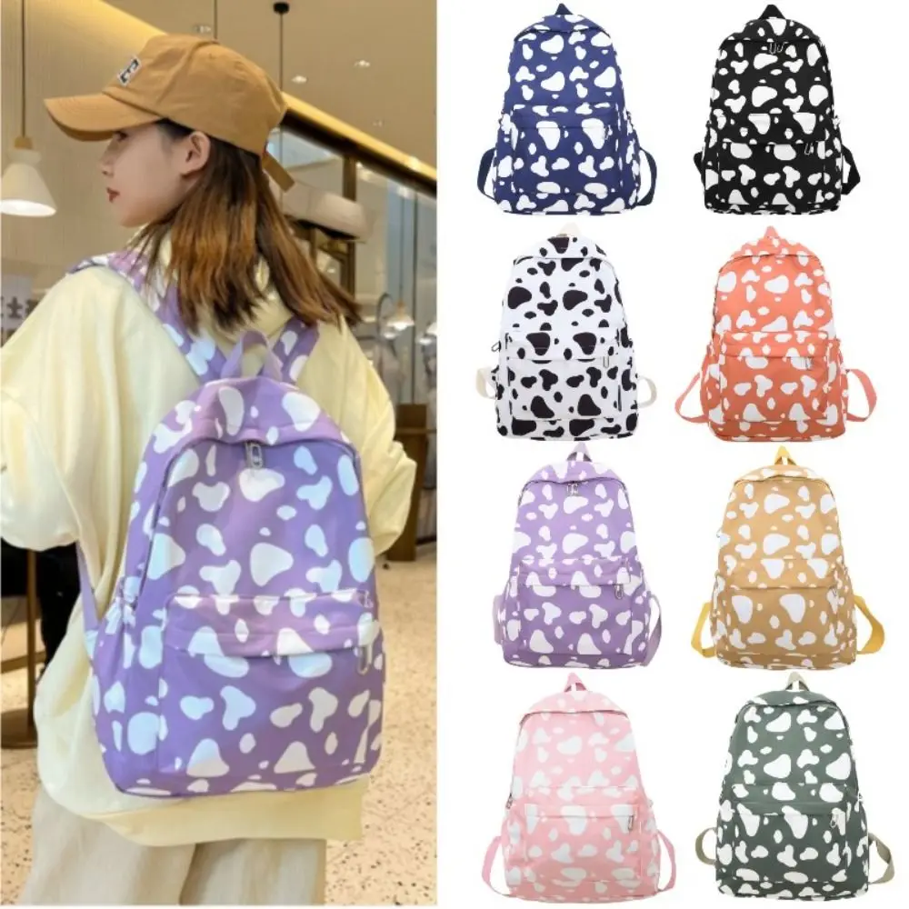 

Portable Cow Pattern Student Backpack Large Capacity Nylon Teenage Bookbag Wear Resistant Women Shoulder Bag Students