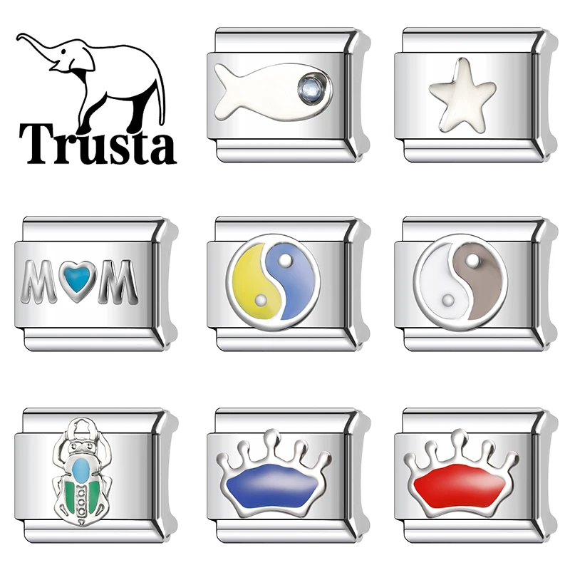 Trusta 2025 New Women Fashion beetle crown Charm Italian Links Fit 9mm Stainless Steel Bracelet for Women DIY Jewelry N411