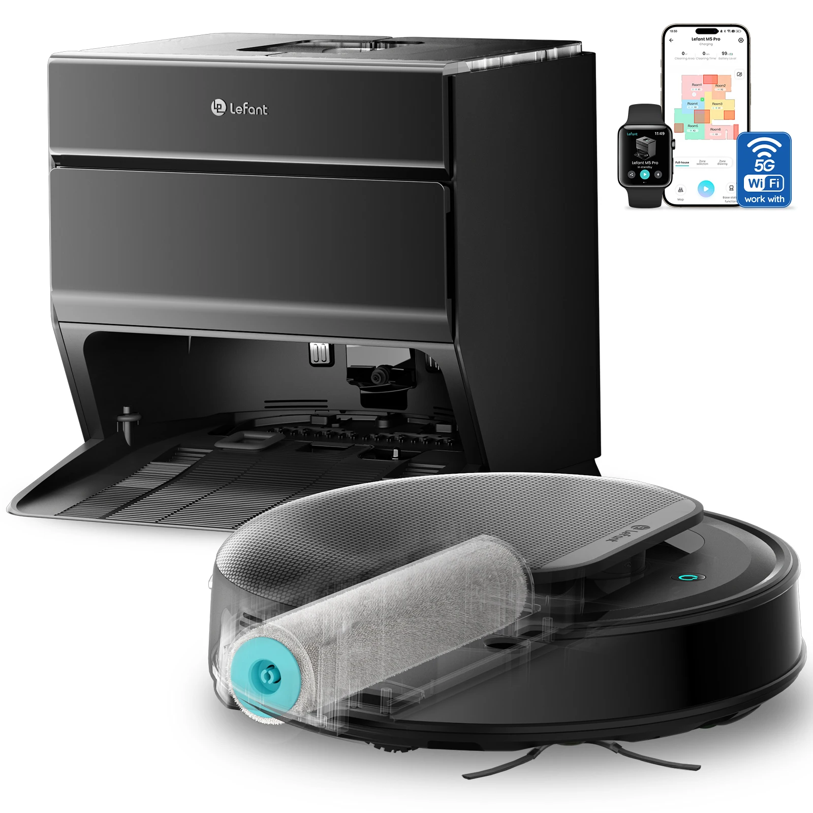 Lefant M5 Pro LiDAR Robot Vacuum and Mop, 18,000 Pa suction power, automatic dustbin emptying every 120 days, automatic mop wash