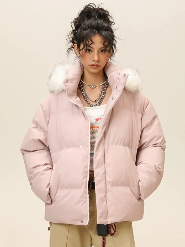 フード付き厚手暖かいジャケット女性のカジュアルだぶだぶのファッション冬チャケタスジッパーファースタンドカラールーズショートジャケタス