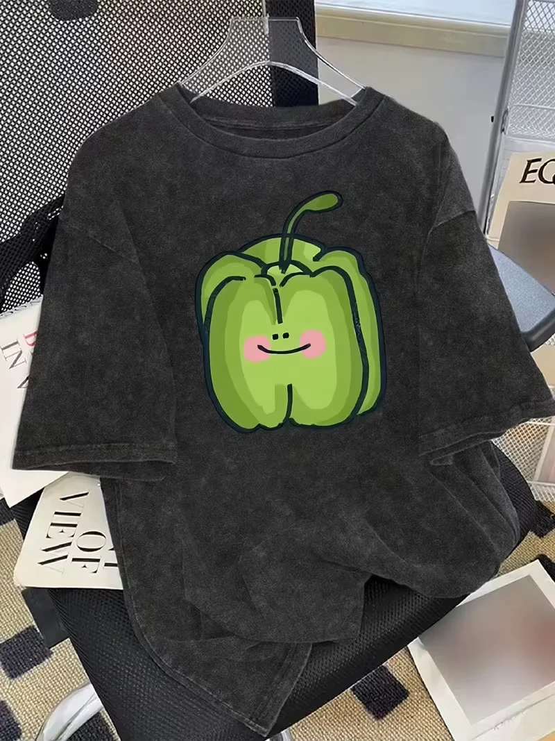 Unisex Vintage Washed Cotton Vegetable Print T-Shirt, Casual Crew Neck Short Sleeve Streetwear Top