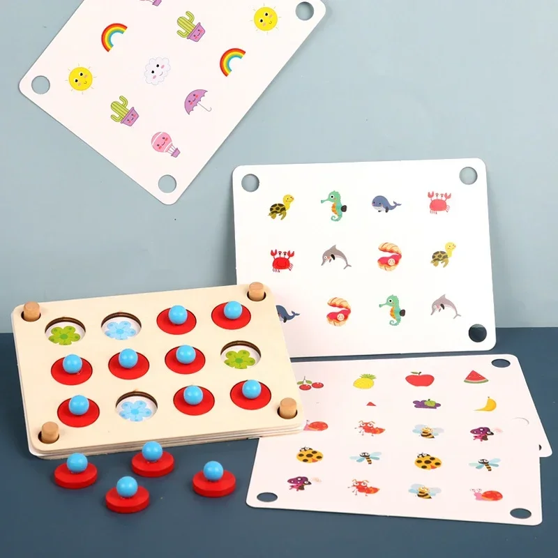 3D Wooden Puzzle Board with 4 Pcs Cards Preschool Kids Cognition Fruit Animals Matching Memory Game Montessori Educational Toy