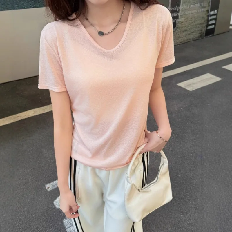 Loose White Breathable T-shirt Women High Elastic Casual Thin See Through Female Tshirt Sun Protection Transparent Beach Tops