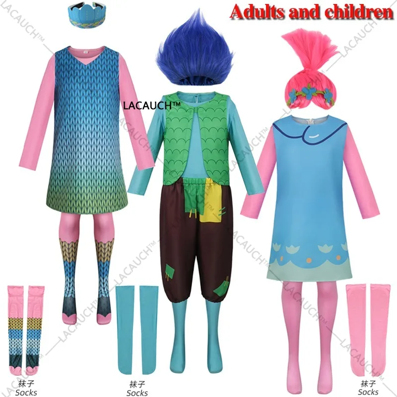 Disfraces de troll para niñas, trajes de Halloween para la gira mundial, vestido clásico de princesa Poppy con pelo mágico, peluca, calcetines, conjunto de cosplay para mujer
