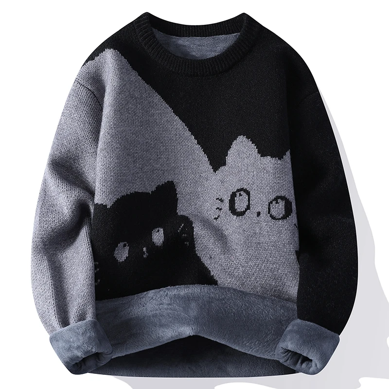 

Мужской пуловер с круглым вырезом и длинным рукавом с котом, свитер в стиле Харадзюку, винтажный кашемировый японский свитер 2000-х годов, осень-зима