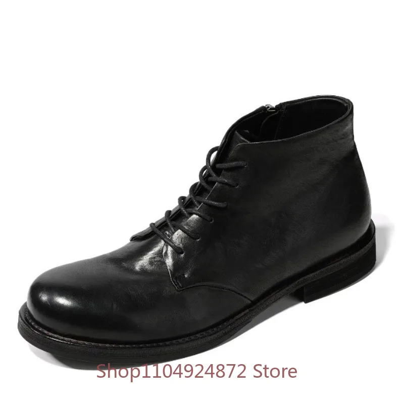 Vintage Handmade Men Ankle Boots Men's Brown Genuine Leather Lace Up Side Zipper Casual Work Chelsea Boots Male Walking Shoes