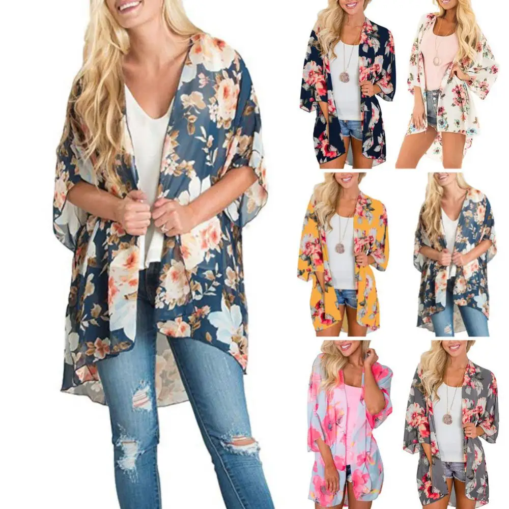 Women Floral Leopard Print Half Sleeve Shawl Chiffon Kimono Beach Cardigan Bikini Cover Up Wrap Beachwear Outdoor Anti-UV Coat