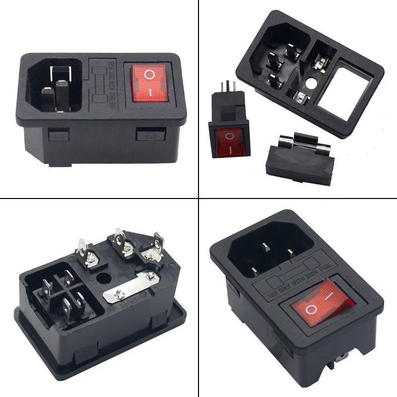 Iec320 C14 10A 250VAC 3-pin inlet connector plug power socket, light rocker switch 10A fuse holder socket male connector