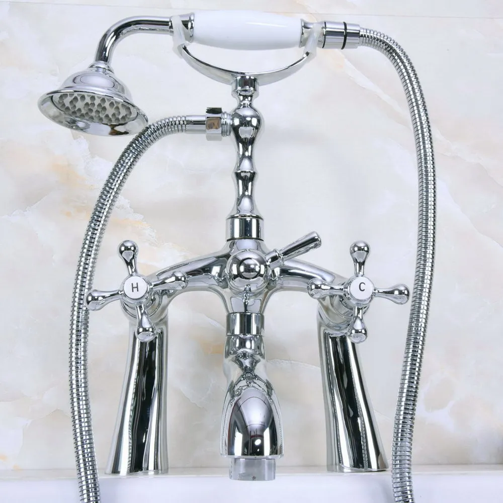 Polished Chrome Brass Deck Mounted Clawfoot Bathtub Faucet W/ Handheld Shower Mixer Tap Lna123