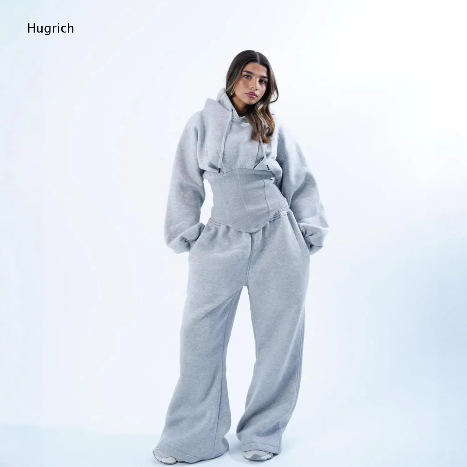 Damen 2-teiliges Hoodie-Jogginghosen-Set Langarm-Pullover mit Kordelzug Weite Loungehose Lässiger Trainingsanzug Outfit