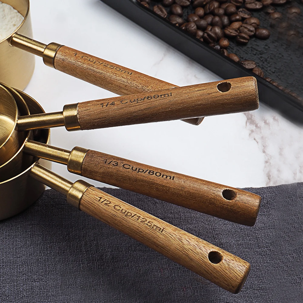 8Pcs Measuring Spoon Set Wooden Handle Measuring Cups Stainless Steel Kitchen Accessories Kitchen Gadget Coffee Bartending Scale