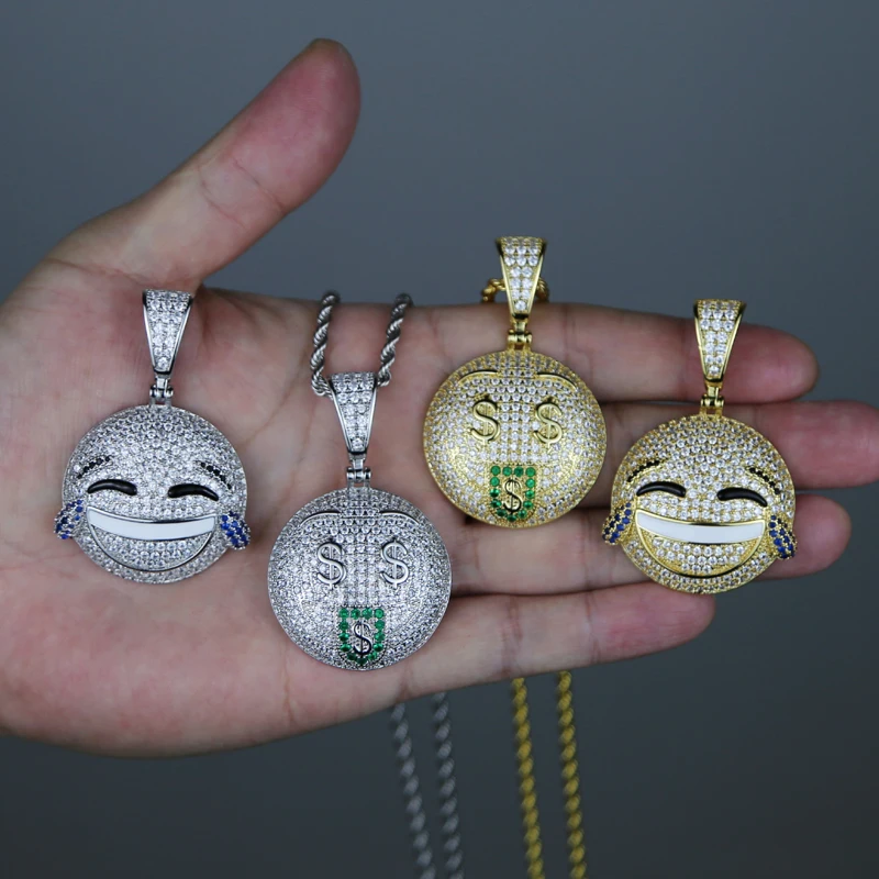 Gold Silver Color CZ Funny Face Pendant Necklace Iced Out Cubic Zirco Star Heart Smile Charm Necklaces Men Women Hip Hop Jewelry view 6