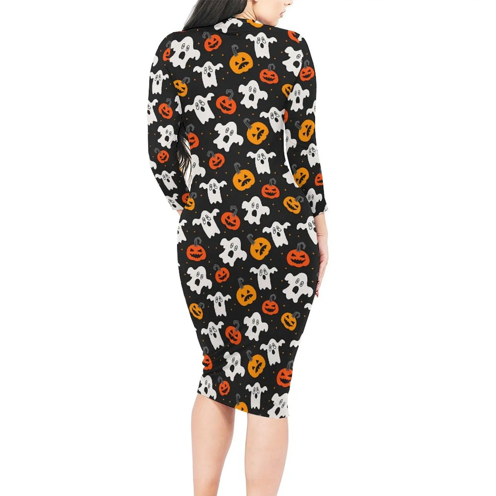 Halloween Spirit Dress Long Sleeve Fun Ghost Club Dresses Holiday Ladies Street Wear Printed Bodycon Dress 3XL 4XL 5XL