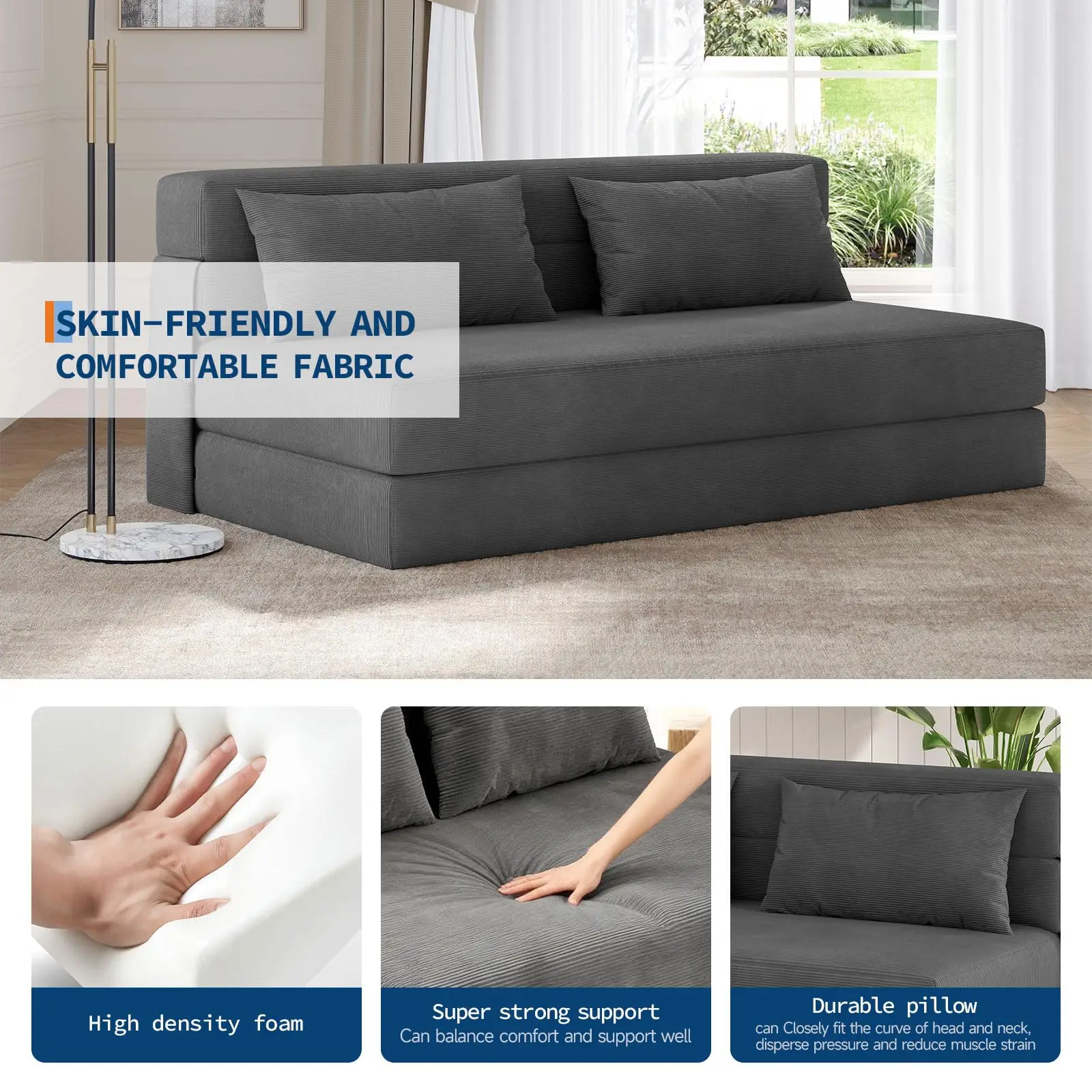 4-in-1 Folding Sofa Bed Convertible Sleeper Soft Corduroy Loveseat Couch With Pillow Space-Saving Fold Out Chair Bed For Room image 3