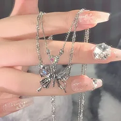 Kpop Y2K Aesthetic Butterfly Pendant Necklace for Women Hip Hop Vintage Double Chain Heart Necklaces Girls Gifts Jewelry 2024