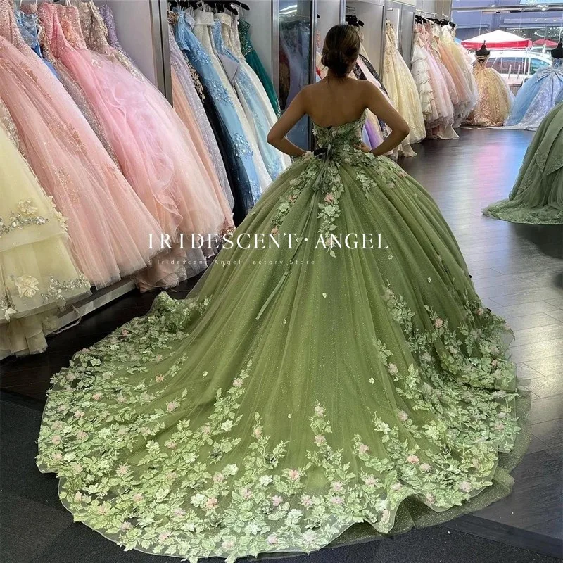 Vestido De baile De Quinceañera verde iridiscente, cuentas florales 3D, fiesta De baile De cumpleaños, Vestidos De Quinceañera con cordones