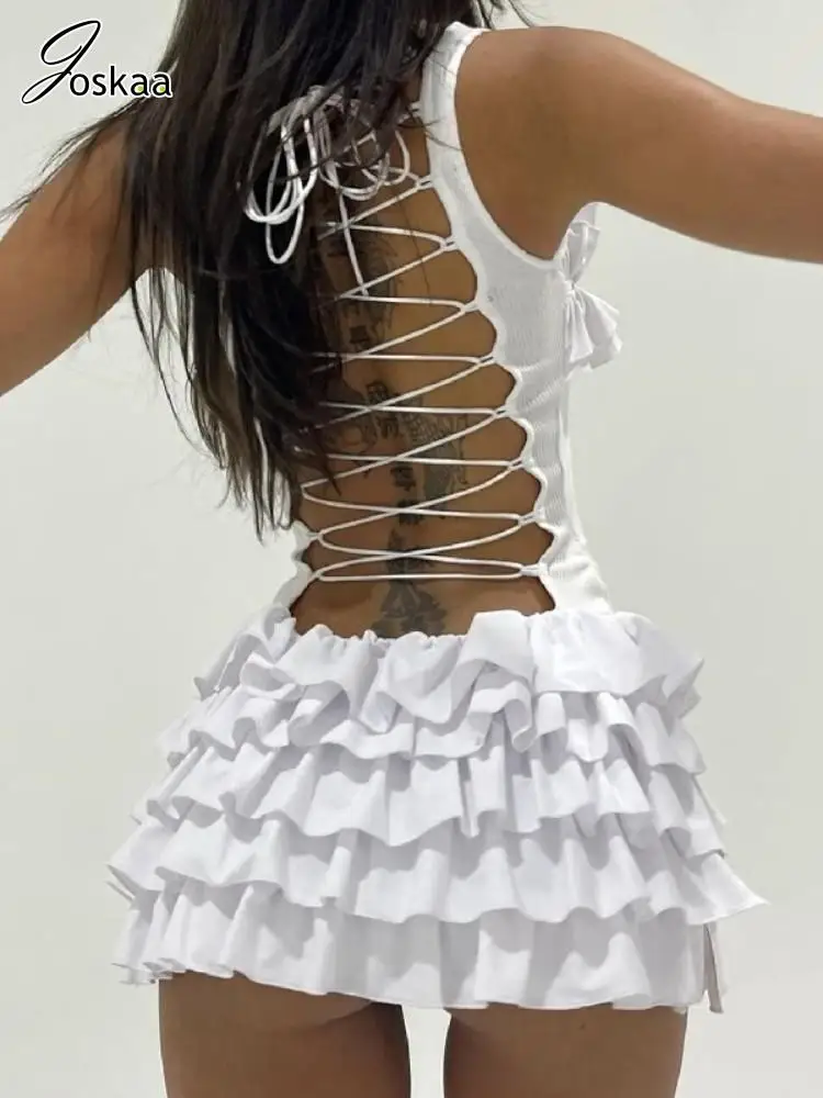 Joskaa Sexy Ruffles Tiered Mini Dress Women Halter Backless Bandage Slim Vacation Dresses 2024 Summer Birthday Party Clubwear