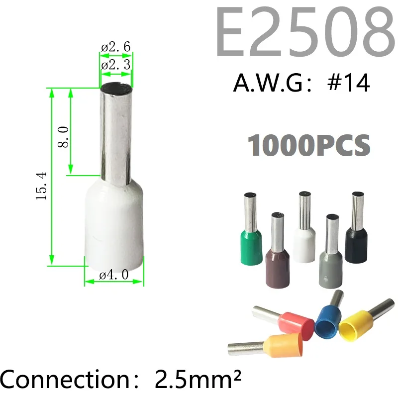 (1000PCS) 2.5mm² Gauge #14 Eyelet Cable Lug Brass Tube Wire Connector Insulated Ferrules Crimp Terminal End Block E2508