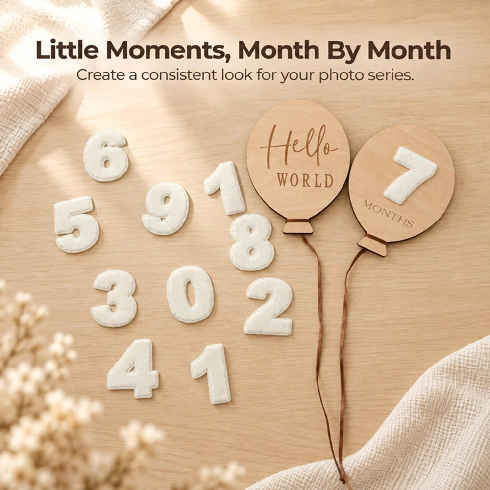 Felt Numbers Wood Balloon Photo Props Set Hello World Months 0-12M Baby Newborn Milestone Birthday Photography Gifts Accessories - view 6