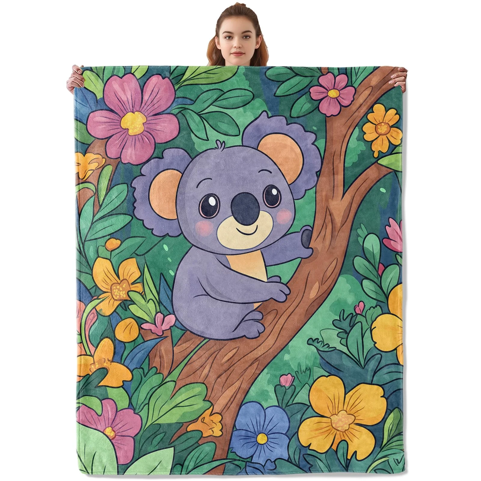 

VIKAMA Cute Koala Floral Throw Blanket, Cartoon Australian Animal Soft Flannel Blanket for Kids Nursery Couch Decor