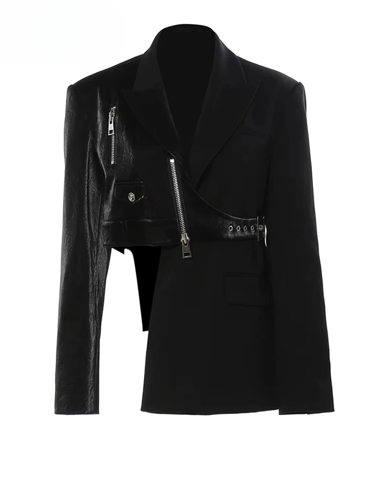 Fashion Tide Spring Autumn 2026 17A7466 Women Black Irregular Pu Leather Blazer New Lapel Long Sleeve Loose Fit Jacket