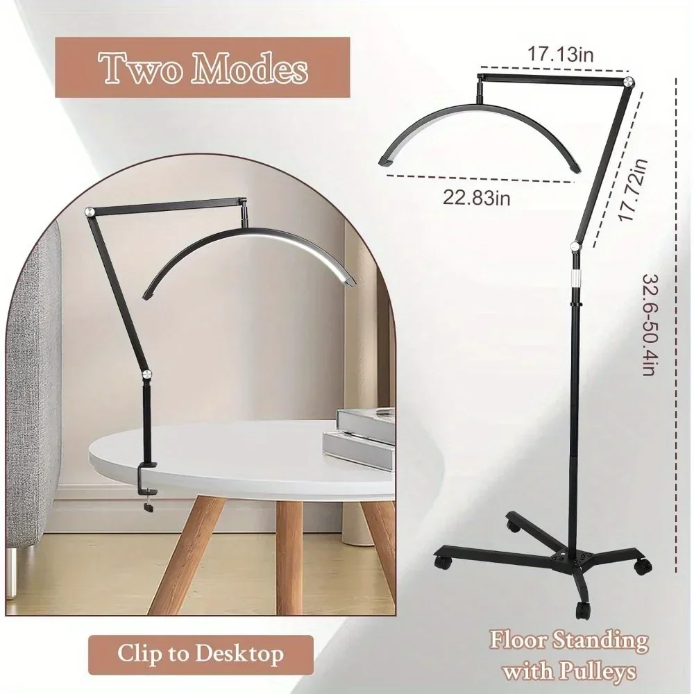 Luz de meia lua com rodas, lâmpada de meia lua de 23 polegadas com suporte para telefone, luz LED para manicure, extensão de cílios