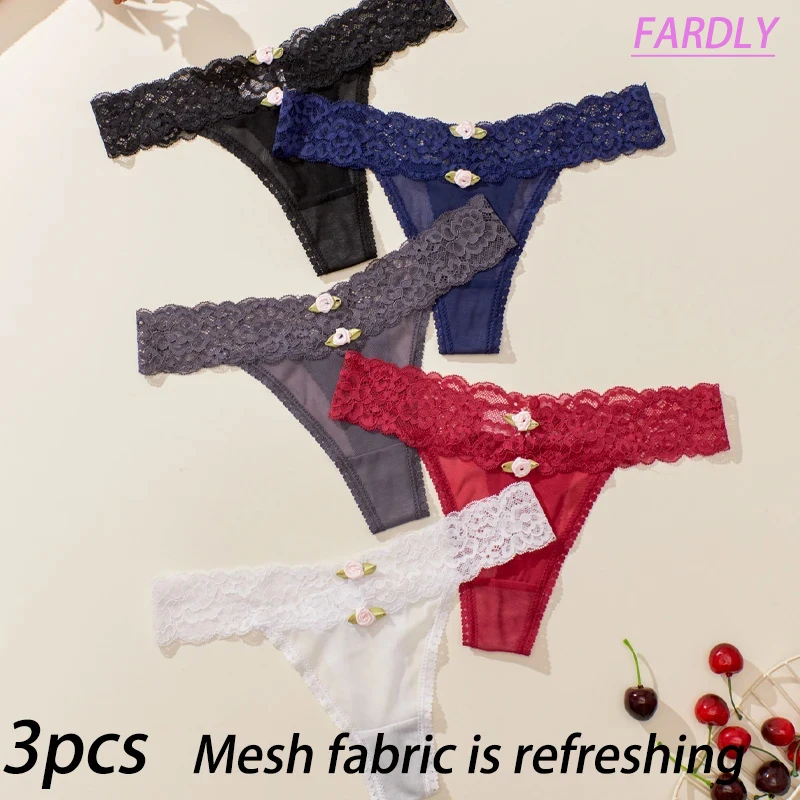 

3 pcs summer new women's thong sexy waist lace edge small flower decoration beautiful atmosphere comfortable panties hot sale