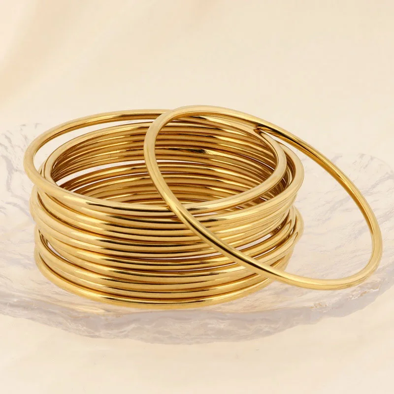 9pcs /set Lot Women Fashion Gold Bracelet Stainless Steel 3mm Thin Round Wire Plain Cuff Bangle Joint Integrated Layered Bling