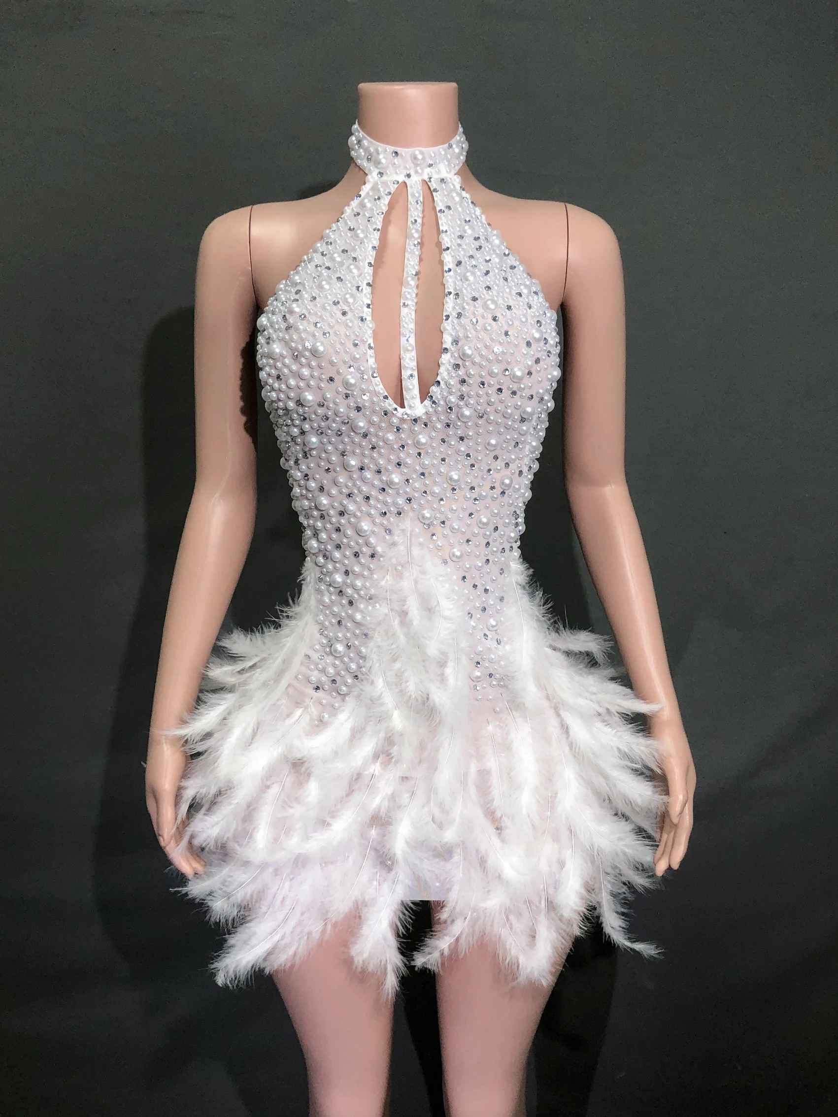 feather short skirt bright diamond stage performance costume sleeveless sex appeal high collar hanging neck
