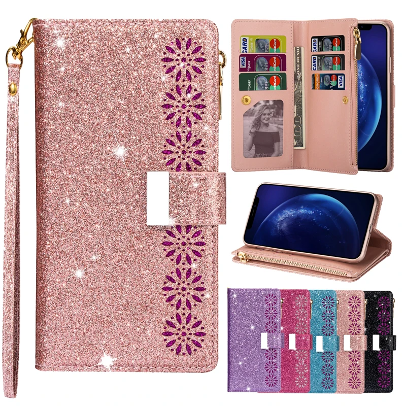 

For iPhone 15 Plus 14 Pro 13 Pro Max 12 Mini 11 Pro Max SE 2022 2020 X XR XS Max 8 7 6 6S Plus Wallte Laser Glitter Leather Case