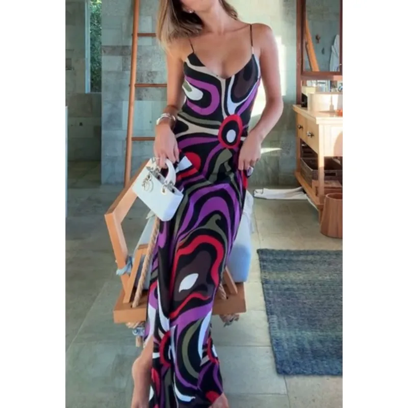 

Color Print Slim Boho Dress Mujer Sexy Hollow Backless V Neck Sling Long Dresses Elegant Holiday High Waist Hips Dress Vestidos