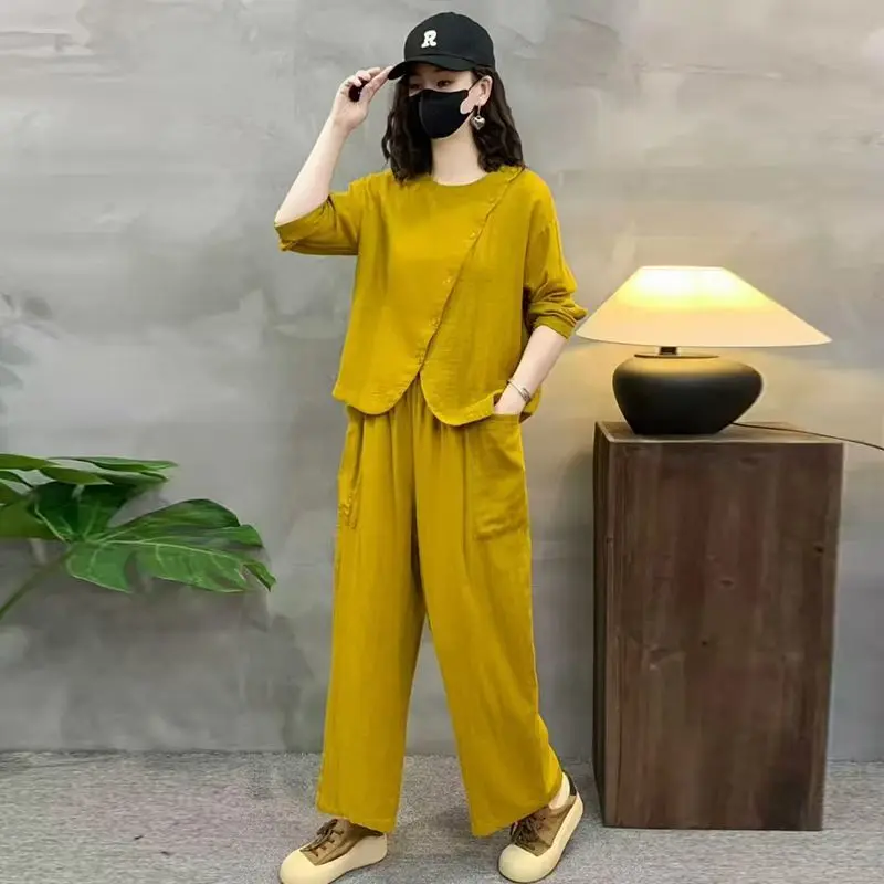 

2025 New Autumn Two Piece Sets Womens Outifits Chinese Style Fashion Seven Quarter Sleeve Top Casual Loose Haren Pants Set