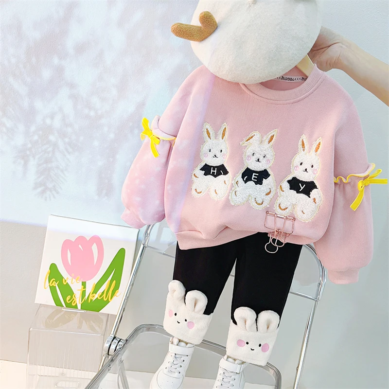 

2024 Winter Baby Girls Plush Sweater Pants 2 Pieces Suit Children Clothing Sets Cartoon Kids Sportswear Infant Clothes Outfits