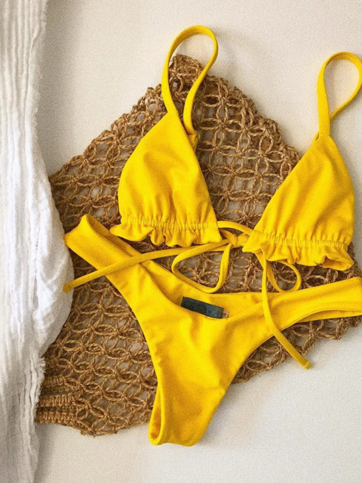 Sexy Pure Color Bikini Strap Swimwear Women's Lace Trim Swimming Suits Triangular Bikini with Chest Pad No Steel Support