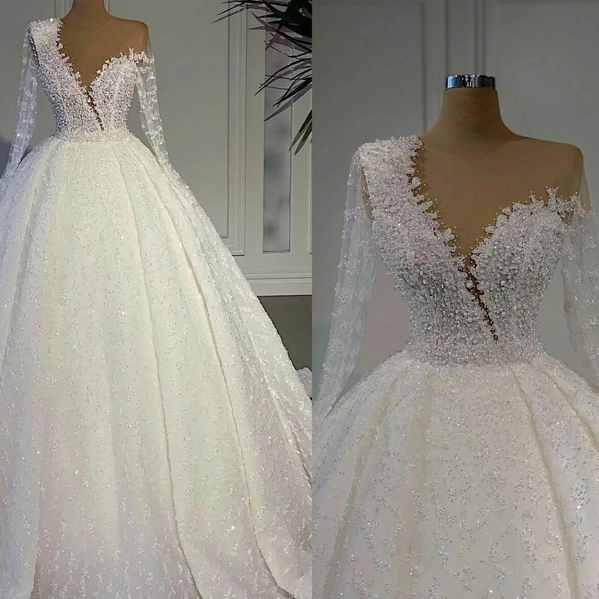 Elegant Wedding Dress For Women Sheer Long Sleeves Bridal Gown Pearls Sequins Lace Sweep Train Customized Dresses